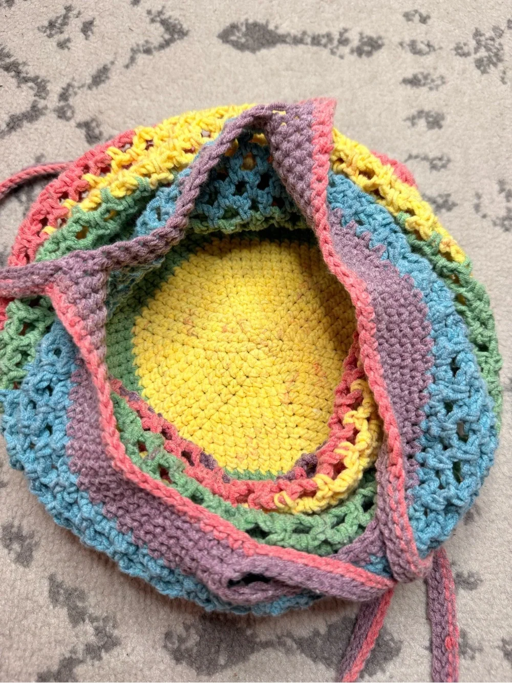 Handmade Crochet Pastel Rainbow Stripes  Beachy Grocery Tote Bag